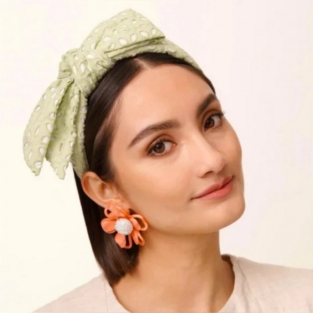 Lele Sadoughi Sage Green Eyelet Holly Bow Headband NWT